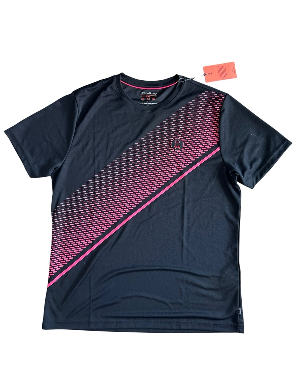 Psycho Bunny Black T‑Shirt with Pink Diagonal Graphic